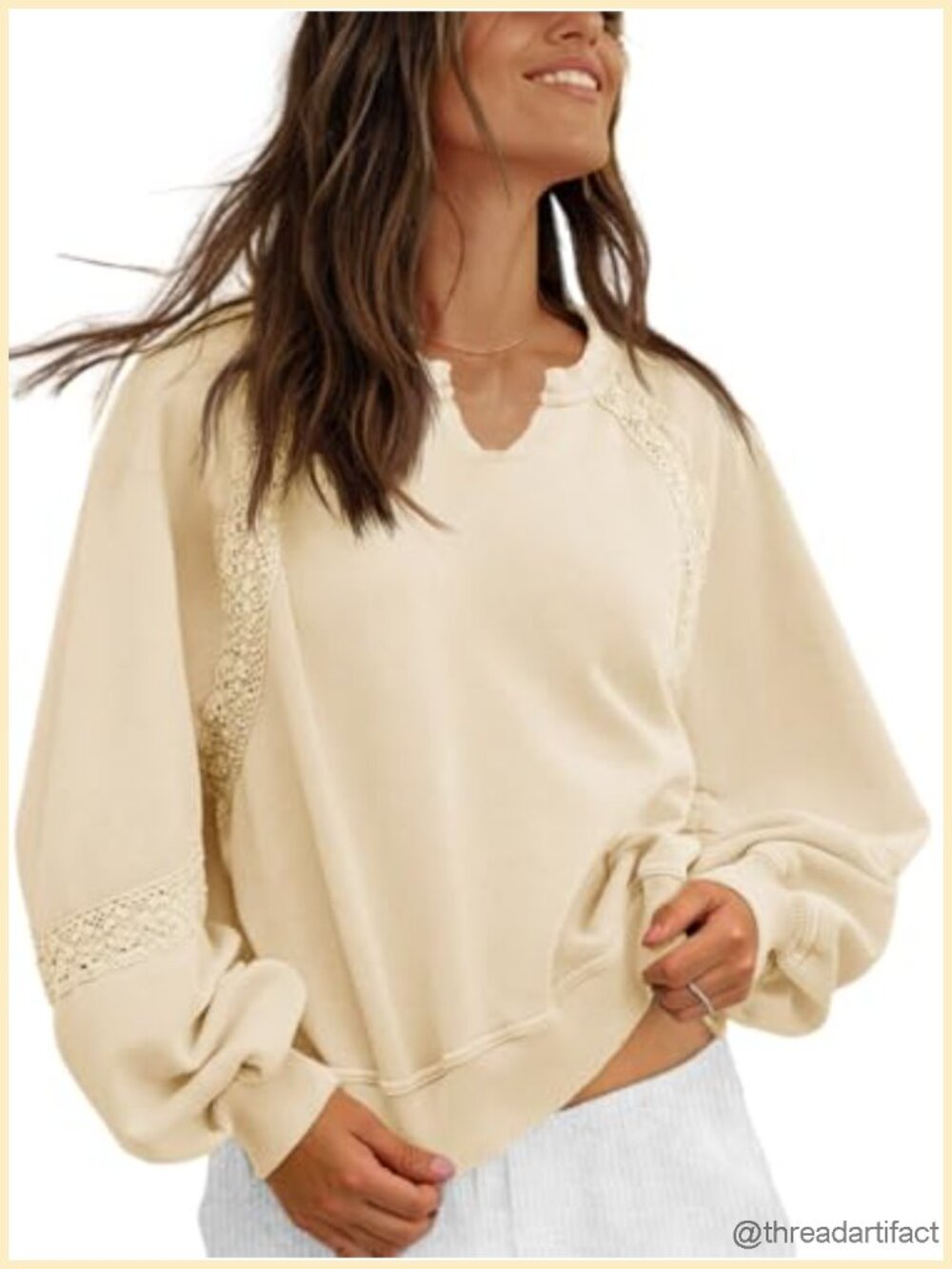 Women's Loose Fit Pullover Sweatshirt with Lantern Sleeves V-Neck Lace Design